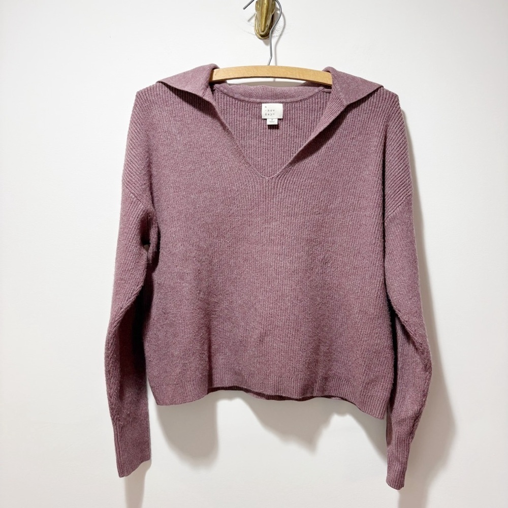 A New Day Collared V-Neck Polo Ribbed Pullover Sweater Size Small Purple Mauve - Picture 2 of 12